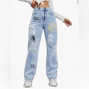 Trendy Light Blue Graphic Women Jeans